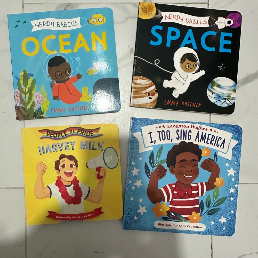 4 board books (ocean, space, Harvey milk, and I too sing American)